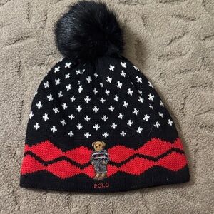 Polo by Ralph Lauren Black and Red Beanie with Pom